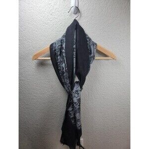 Bajra Cashmere Silk Scarf Wrap Gray Black Floral Lace Print Handmade Nepal